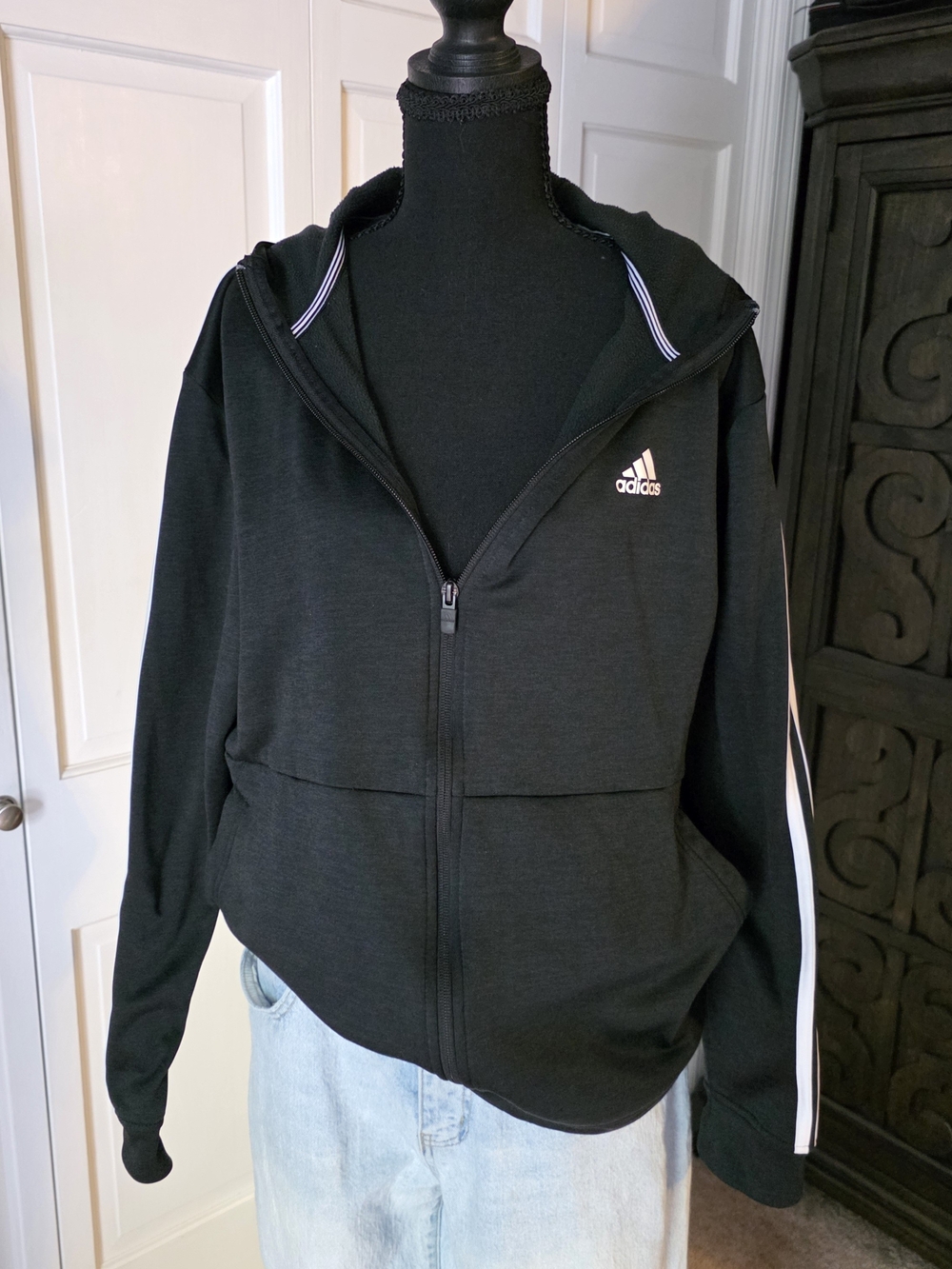 Adidas Black 3 Stripe Full Zip Hoodie Jacket XL Athleisure Activewear